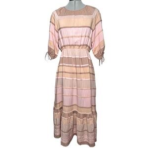 Storia Muted Pink/Tan/Peach Striped Puff Sleeve Ruffle Hem MIDI Dress Sz S